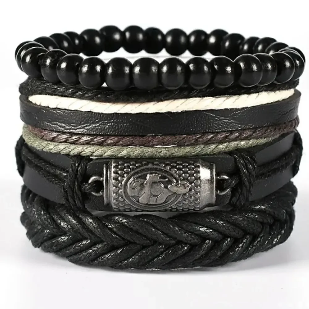 4 Men's leather bracelets‎ set layered beaded black new d100